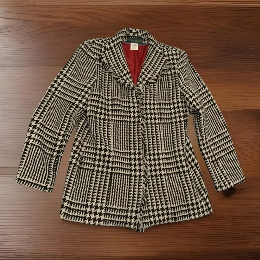 VTG Harve Benard Black White Houndstooth Coat Fringe Front Wool Holiday Money 14 - Picture 3 of 13